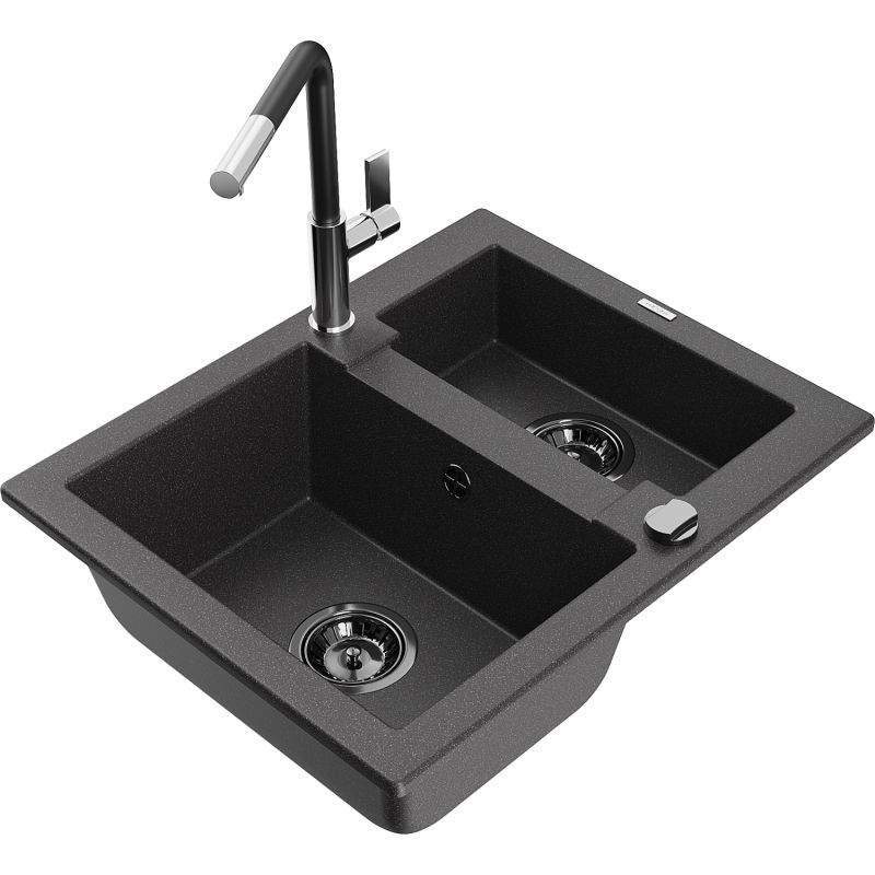 Zlewozmywak granitowy 1.5-komorowy Mexen Carlos z baterią kuchenną Flora czarny nakrapiany 6518-76-670401-07-B