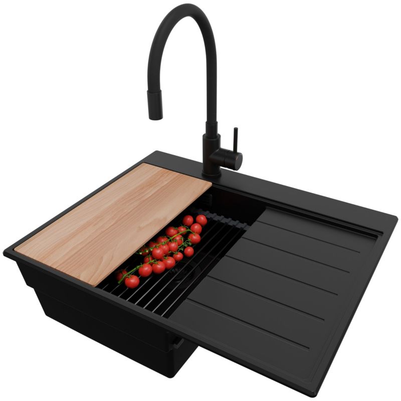 Zlewozmywak Granitowy Sydney PRIMAGRAN Nablatowy 62x50cm, Cały Czarny + Bateria + Syfon + Akcesorium, S092, 1 szt.