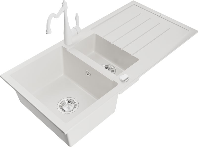 Zlewozmywak granitowy Mexen Andres 1,5-komorowy z ociekaczem i baterią kuchenną Carla biały 6515-20-670700-20