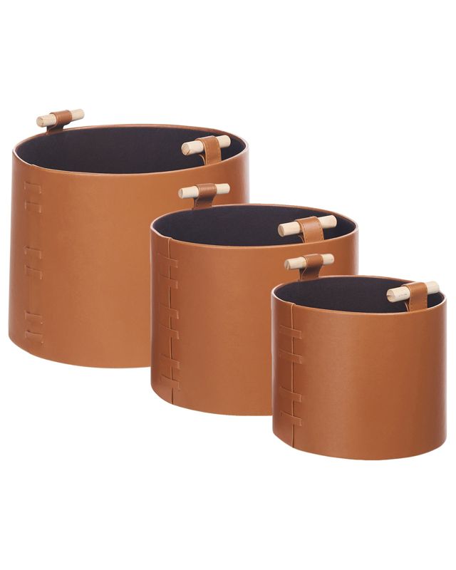 Zestaw 3 koszy z ekoskóry brązowy Aram 1 kpl