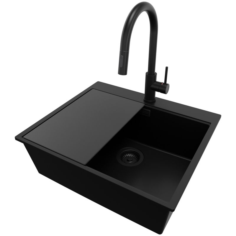 Zlewozmywak Granitowy Oslo PRIMAGRAN Nablatowy 58x50cm do szafki od 60cm, Cały Czarny + Bateria + Syfon + Deska, S439, 1 szt.