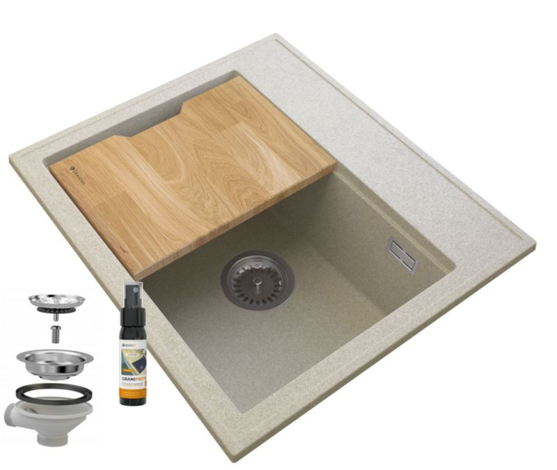 Zlewozmywak Granitowy Kuchenny Granitan Foxal Beżowy z Syfonem i Deską 1kpl.