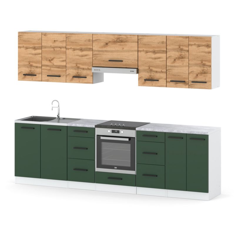 Zestaw Kuchenny Hurtownia-Mebli Z Blatem Kuchnia Roma 280cm Biały Mat Dąb Wotan/Butelkowa Zieleń 280x47x145 cm 1szt.