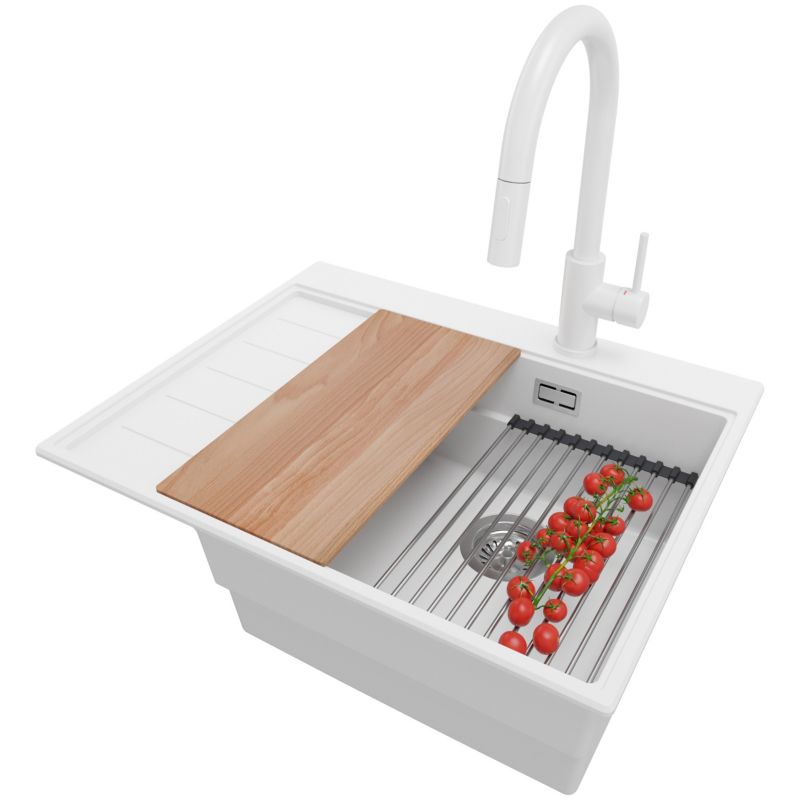 Zlewozmywak Granitowy Sydney PRIMAGRAN Nablatowy 62x50cm do szafki od 45cm, Biały + Bateria + Syfon + Akcesoria, S132, 1 szt.