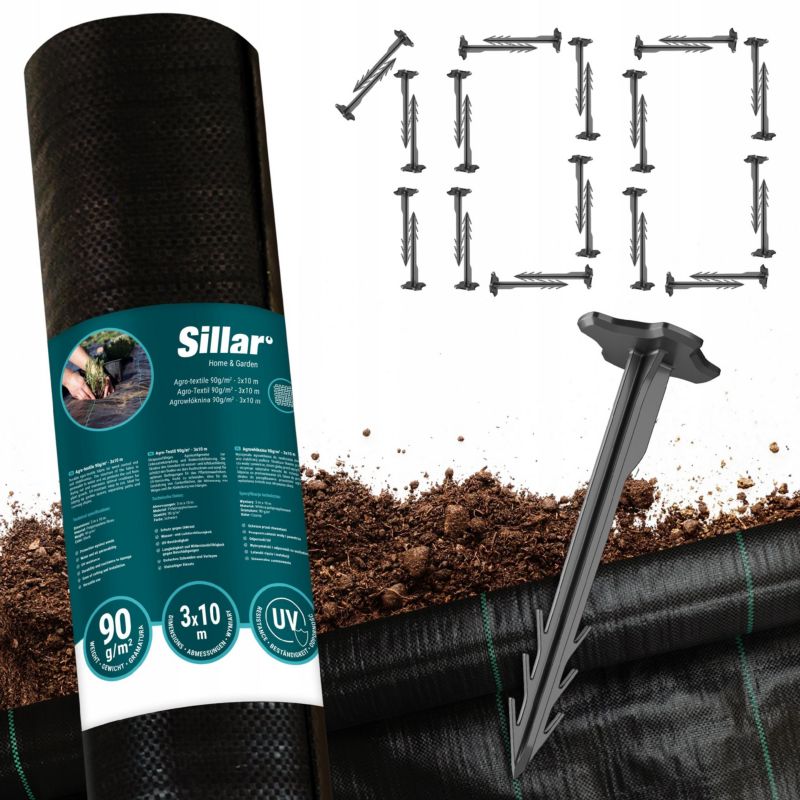 Agrotkanina, SIllar, antychwastowa, 90g/m2, 3x10m + Kotwy gruntowe, 100szt, 12cm, zestaw, 2szt