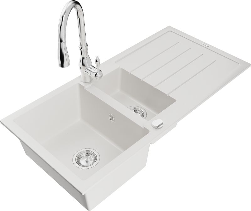 Zlewozmywak granitowy Mexen Bruno 1-komorowy z ociekaczem i baterią kuchenną Aster beżowy - 6513-69-73450-70-B 1 szt.