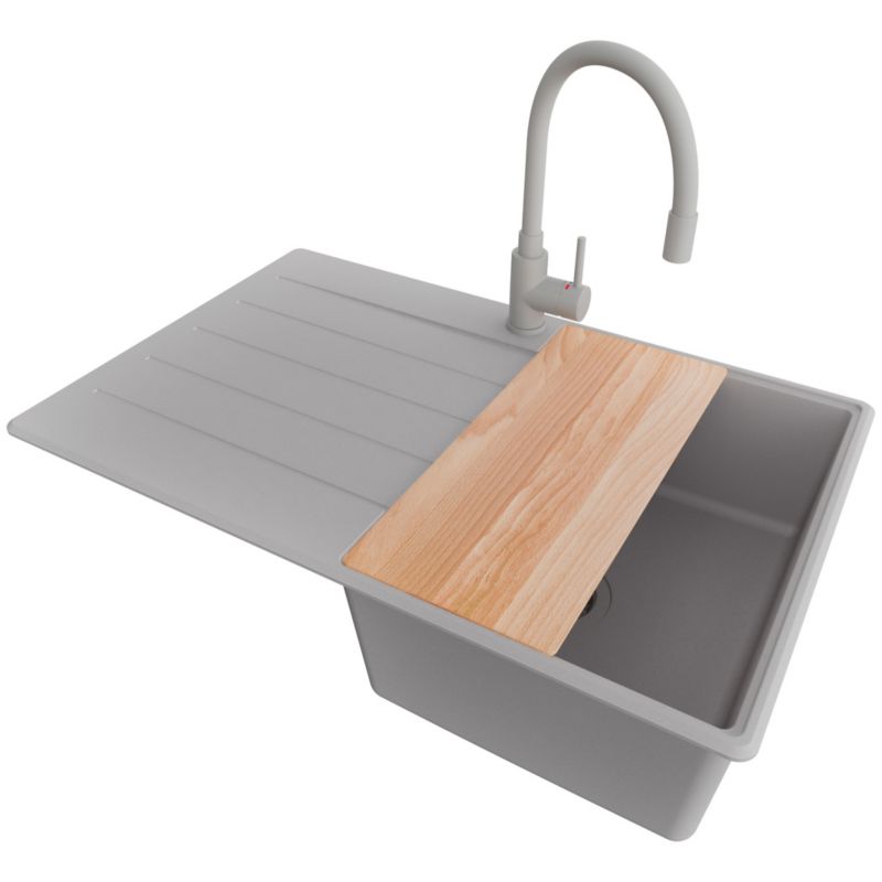 Zlewozmywak Granitowy Kopenhaga PRIMAGRAN Nablatowy 78x50cm do szafki od 45cm, Szary + Bateria + Syfon + Deska, S370, 1 szt.