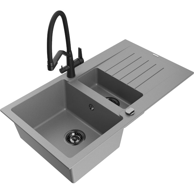 Zlewozmywak granitowy 1.5-komorowy Mexen Matias z ociekaczem i baterią kuchenną Elia beżowy - 6502-69-670101-70 1 szt.