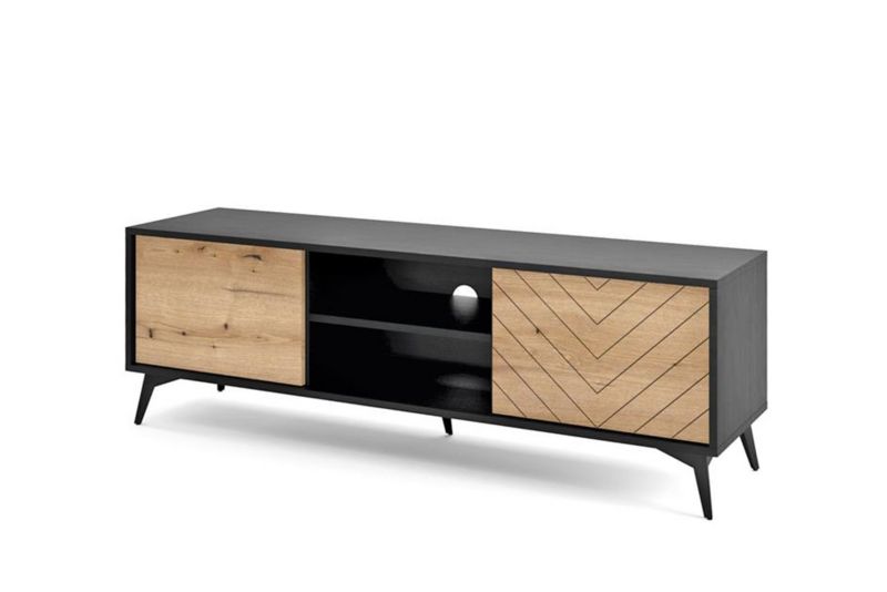 Szafka rtv Bettso Diamond 154 cm ozdobny front z motywem jodełki dąb evoke czarny mat 1szt.