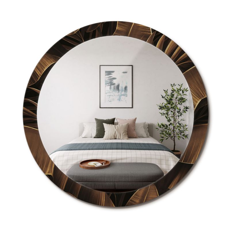 Lustro Dekoracyjne Okrągłe ArtPrintCave 90 cm Brązowe Liście Bananowca w Szklanej Ramie z Nadrukiem do Garderoby 1 szt.