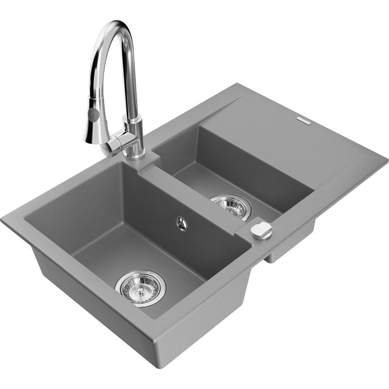 Zlewozmywak granitowy 1.5-komorowy Mexen Gaspar z ociekaczem i baterią kuchenną Elia szary 6507-71-670101-00