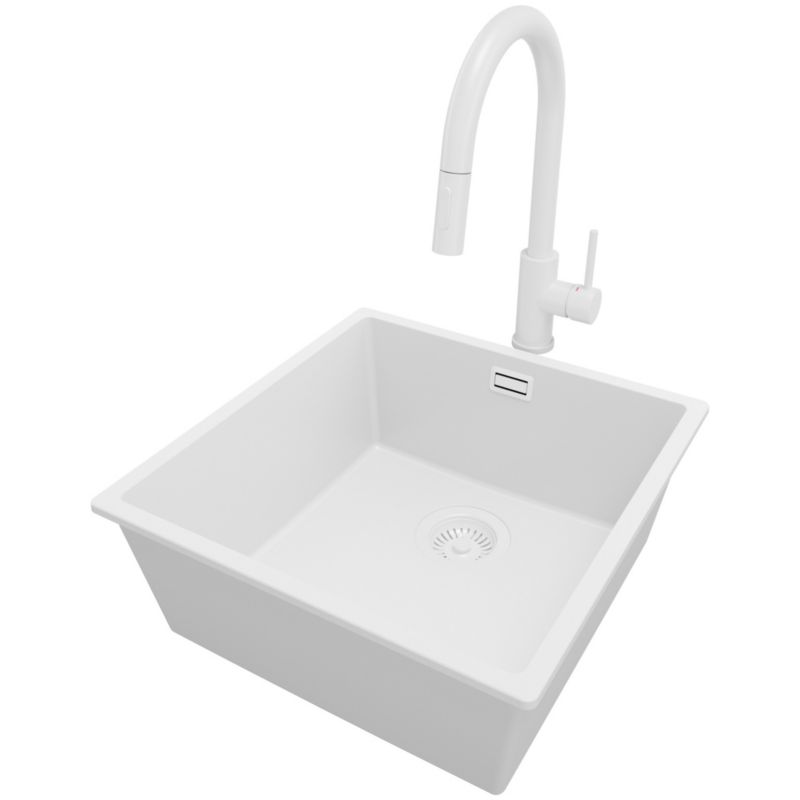 Zlewozmywak Granitowy Londyn Slim PRIMAGRAN Nablatowy 46x47cm do szafki od 50cm, Cały Biały + Bateria + Syfon, S228, 1 szt.