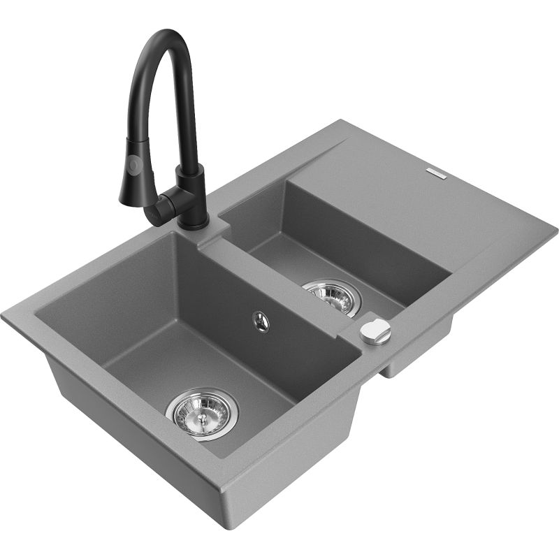 Zlewozmywak granitowy 1.5-komorowy Mexen Gaspar z ociekaczem i baterią kuchenną Elia szary 6507-71-670101-70