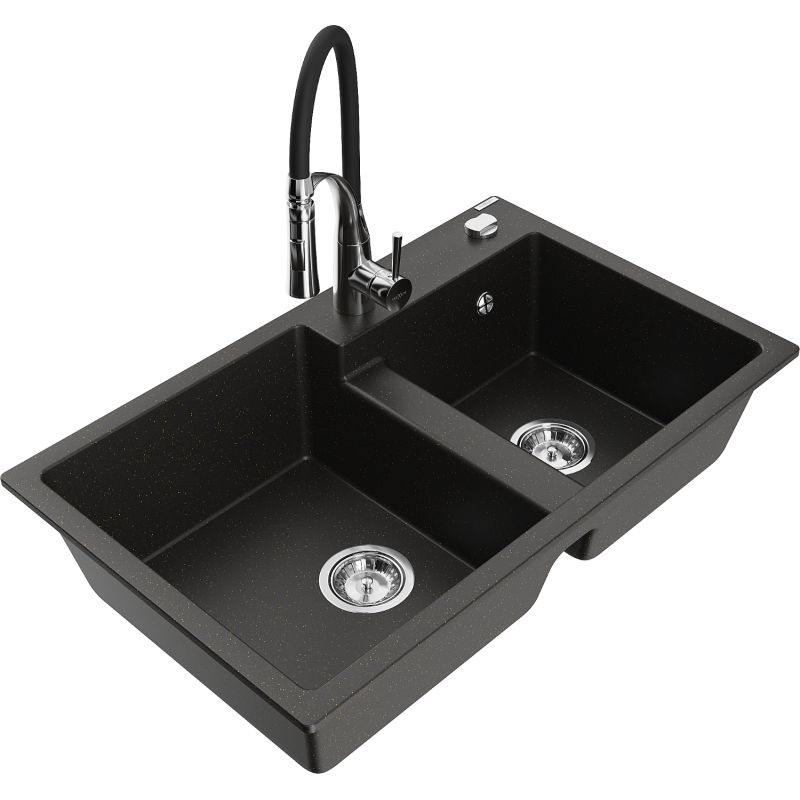 Zlewozmywak granitowy 2-komorowy Mexen Tomas z baterią kuchenną Aster czarny/złoty metalik 6516-75-73450-07