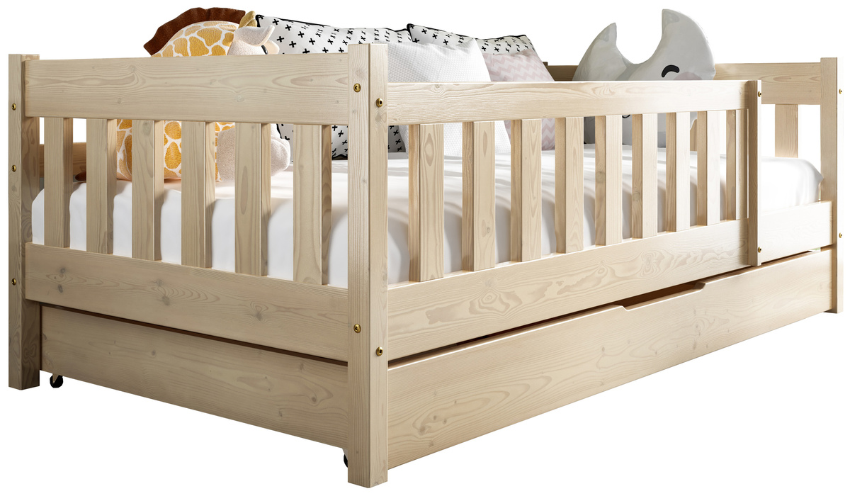 Sosnowe łóżko do pokoju dziecięcego z barierką i szufladą 80x160 cm NEBULA