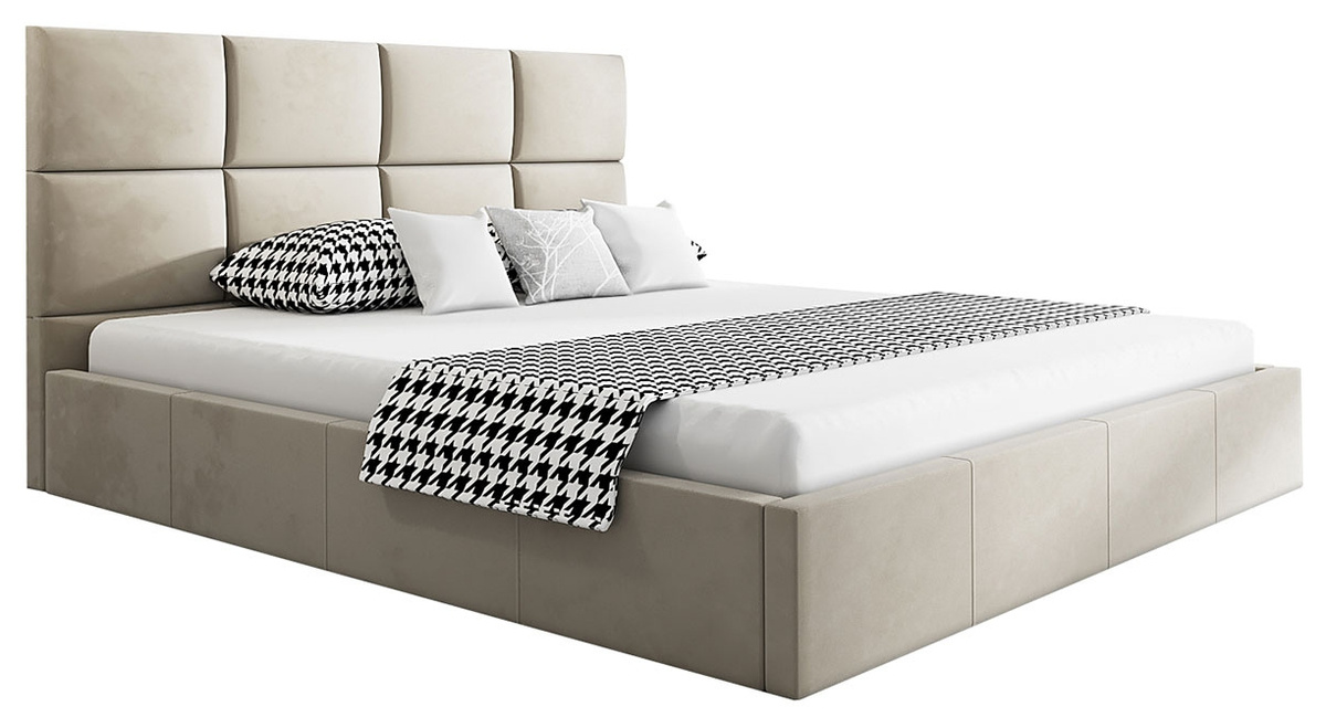 Beżowe łóżko do sypialni z pojemnikiem 140x200 cm AMBY