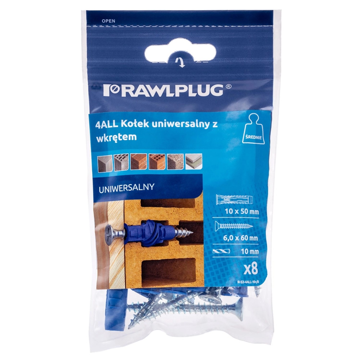 Rawlplug Kołek 4All uniwersalny 10x50mm z wkrętem 8 szt