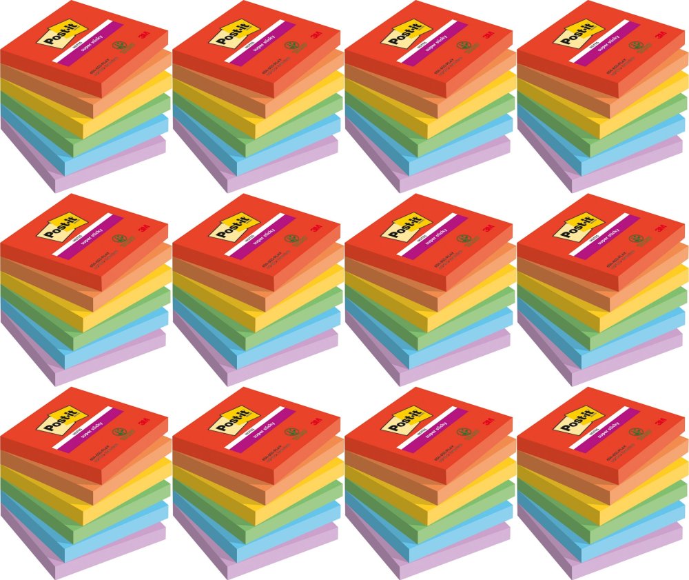 12x Karteczki samoprzylepne Post-it Super Sticky Playful, 76x76mm, 6x90 karteczek, mix kolorów