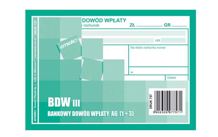 Druk akcydensowy Bankowy Dowód Wpłaty Emeko BDW IV druk 757, A6, samokopiujący 1+3, 80k