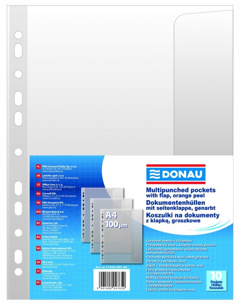 Koszulki groszkowe Donau, z klapką, A4, 100μm, 10 sztuk, transparentny matowy