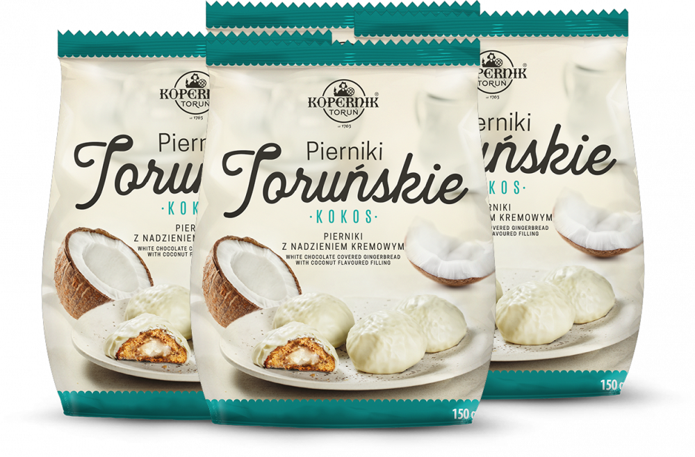4x Pierniki Toruńskie Kopernik, kokosowy, w białej czekoladzie, 150g
