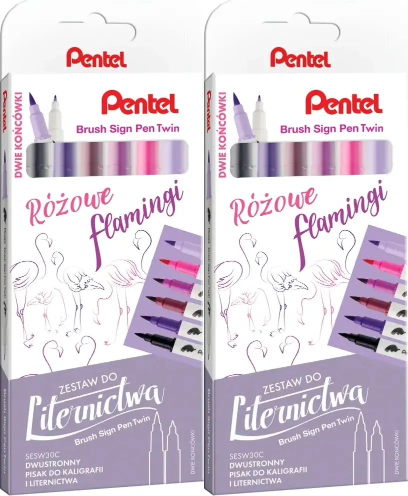 2x Pisaki do kaligrafii i liternictwa Pentel Brush Sign Pen Twin SESW30C Różowe Flamingi, dwustronne, 6 sztuk, mix kolorów