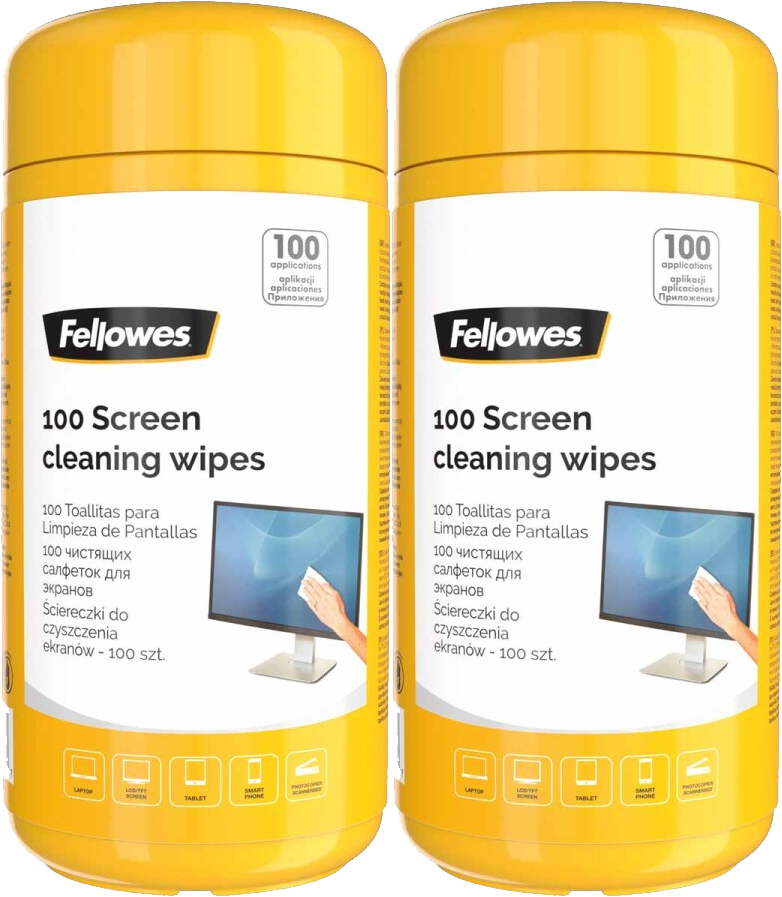 2x Chusteczki nawilżone do czyszczenia ekranu Fellowes, tuba, 100 sztuk