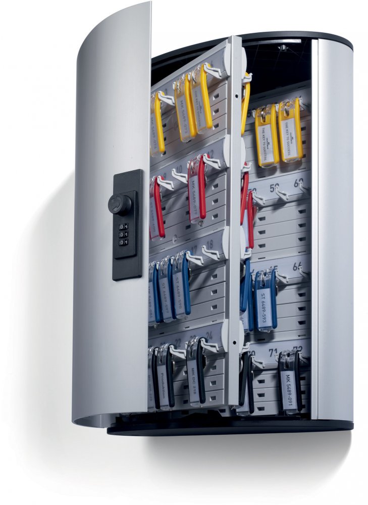 Szafka na klucze Durable Key Box Code, na 72 klucze, z zamkiem szyfrowym i zawieszkami, srebrny