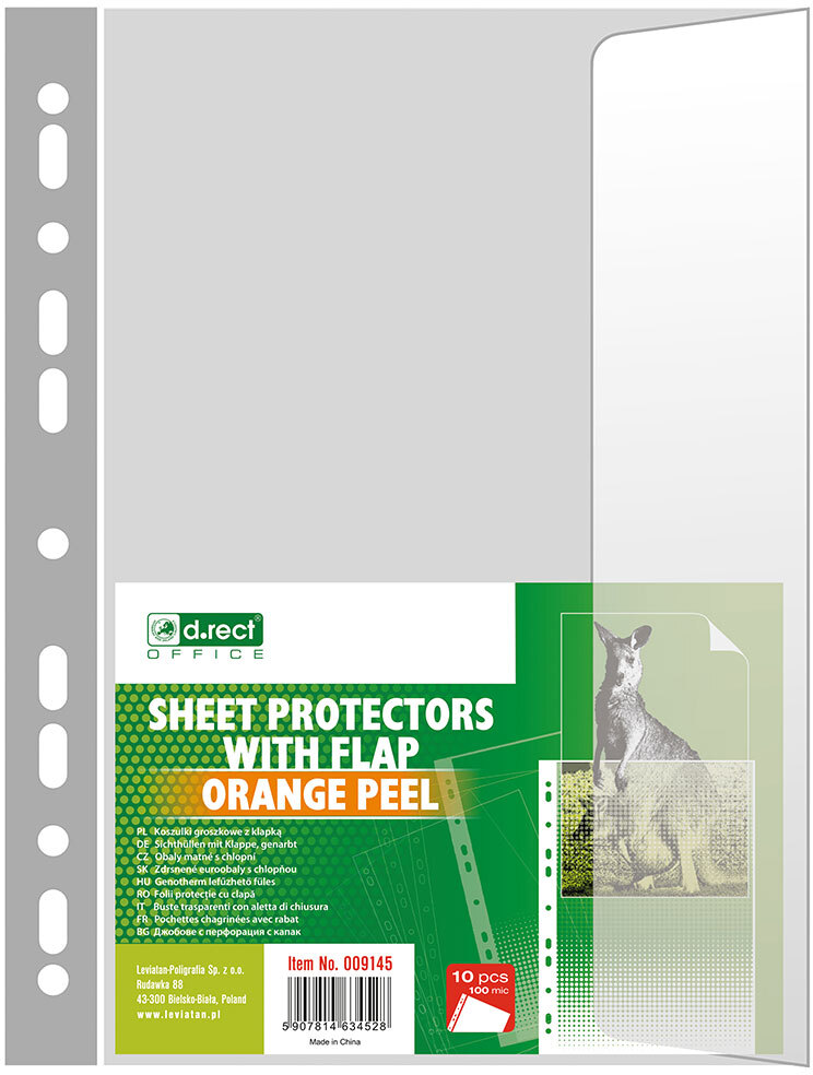 Koszulki groszkowe D.Rect, z klapką, A4, 100μm, 10 sztuk, transparentny