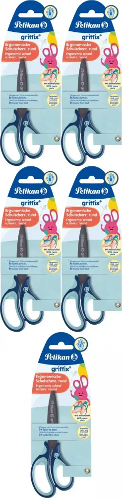 5x Nożyczki dla dzieci Pelikan Griffix, tytanowe, zaokrąglone, niebieski