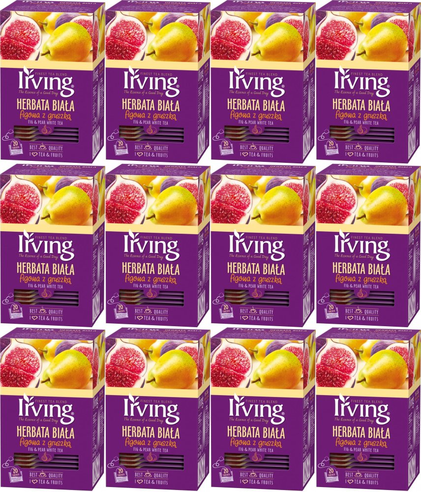 12x Herbata biała smakowa w kopertach Irving, figowa z gruszką, 20 sztuk x 1.5g