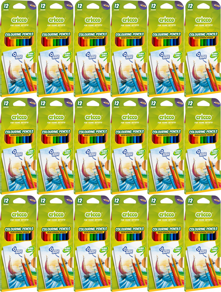 18x Kredki ołówkowe trójkątne Cricco, 12 kolorów