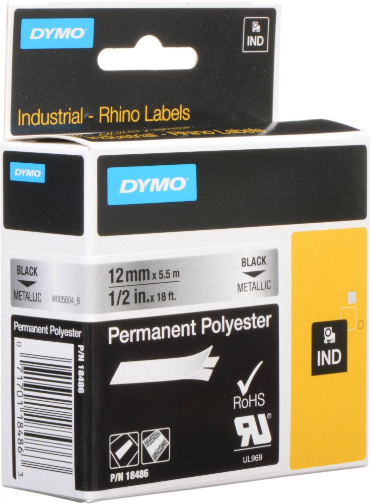 Taśma poliestrowa Dymo Rhino, trwała, 12mmx5.5m, nadruk czarny, taśma metaliczna