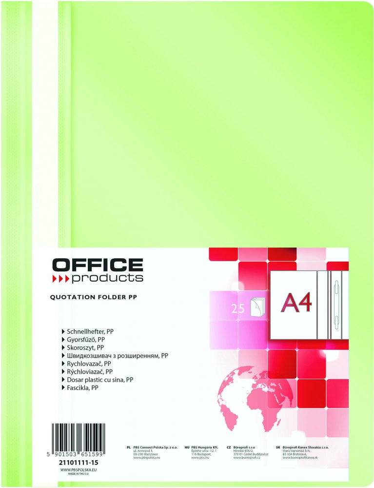 Skoroszyt plastikowy bez oczek Office Products, A4, do 200 kartek, jasnozielony