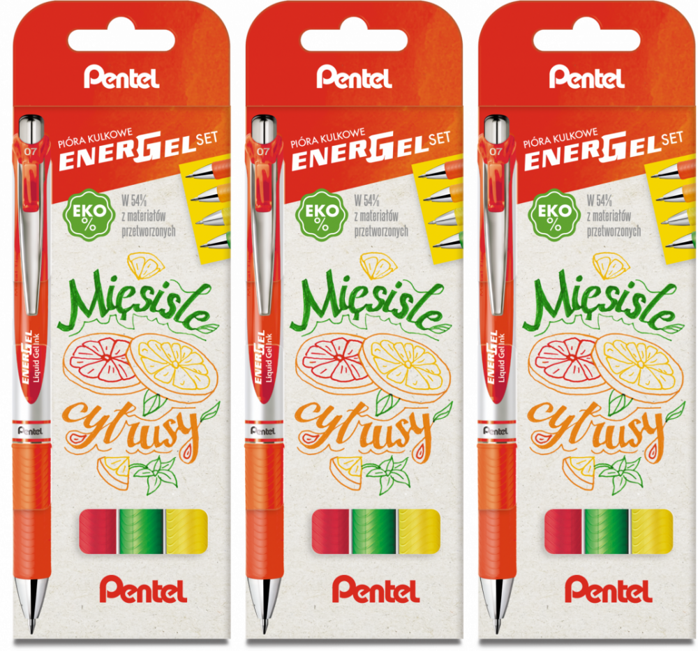 3x Pióro kulkowe automatyczne Pentel EnerGel Set BL77 Mięsiste cytrusy, 0.7mm, 4 sztuki, mix kolorów