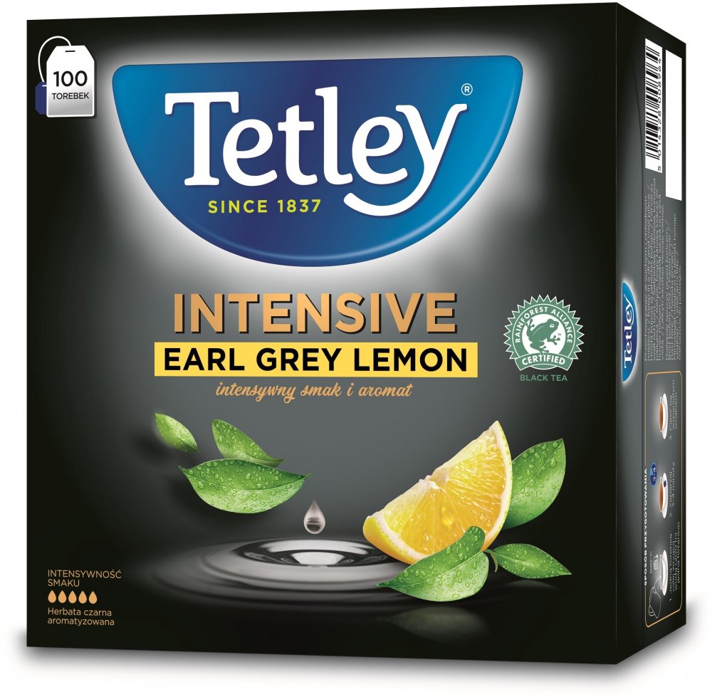 Herbata Earl Grey w torebkach Tetley Intensive, cytryna, 100 sztuk x 2g