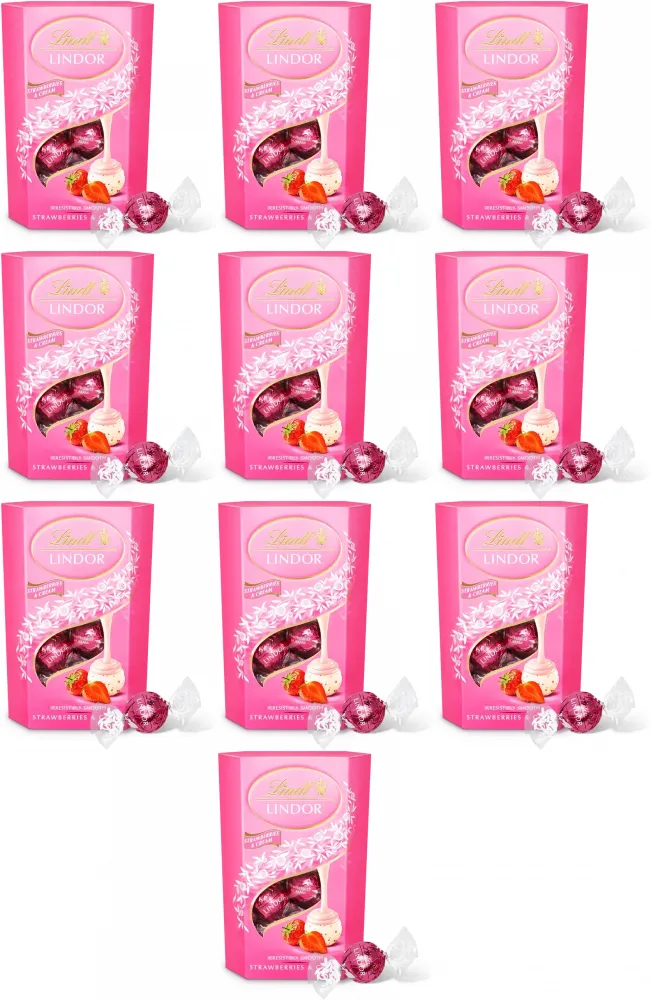 10x Praliny Lindt Lindor Truskawka ze śmietaną, czekoladowy z nadzieniem, 200g