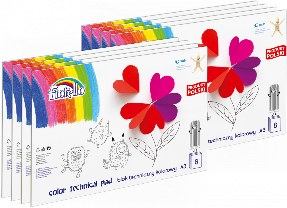8x Blok techniczny kolorowy Fiorello, A3, 8 kartek, kolorowy
