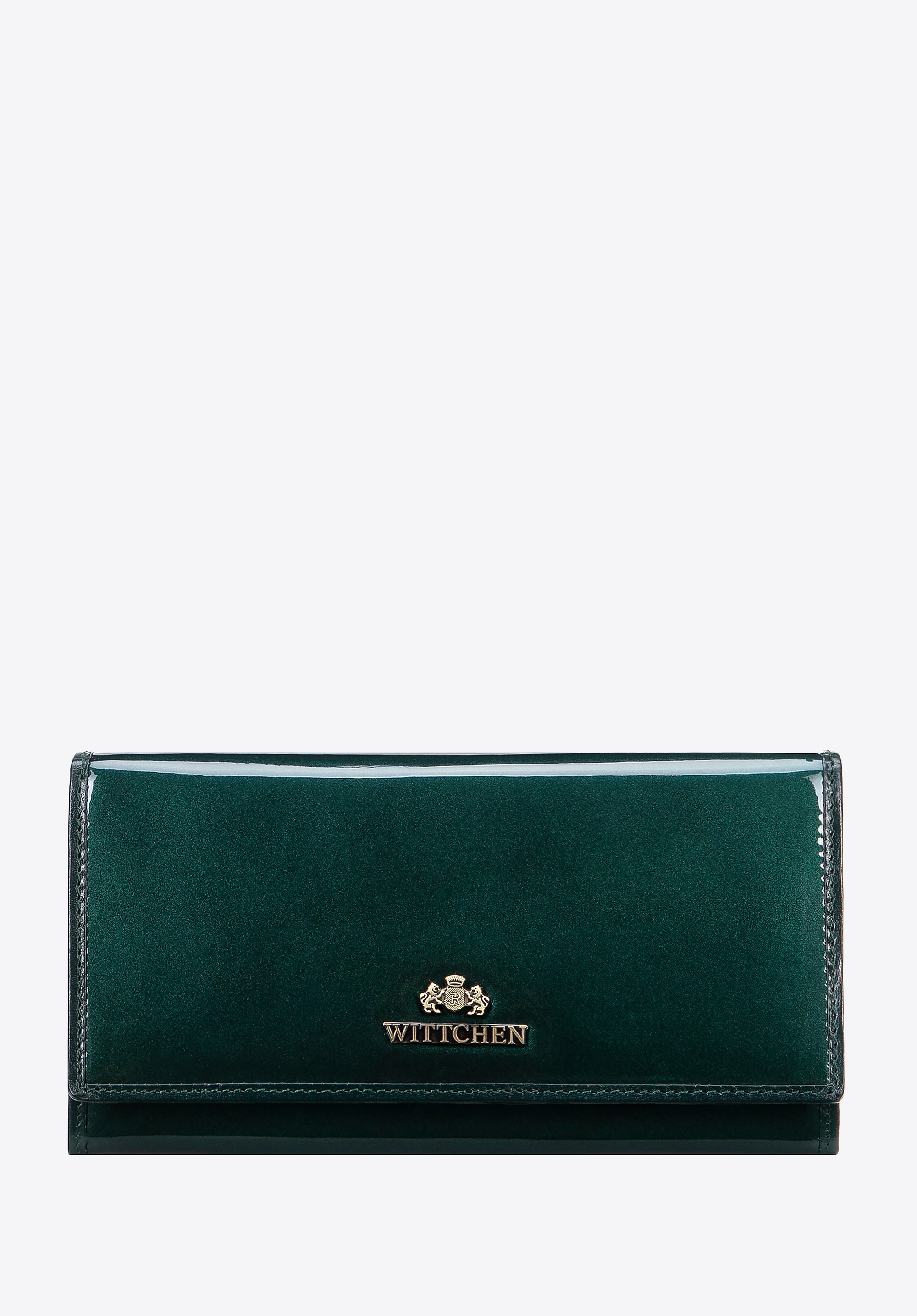 Duży portfel damski ze skóry lakierowanej z logo zielony