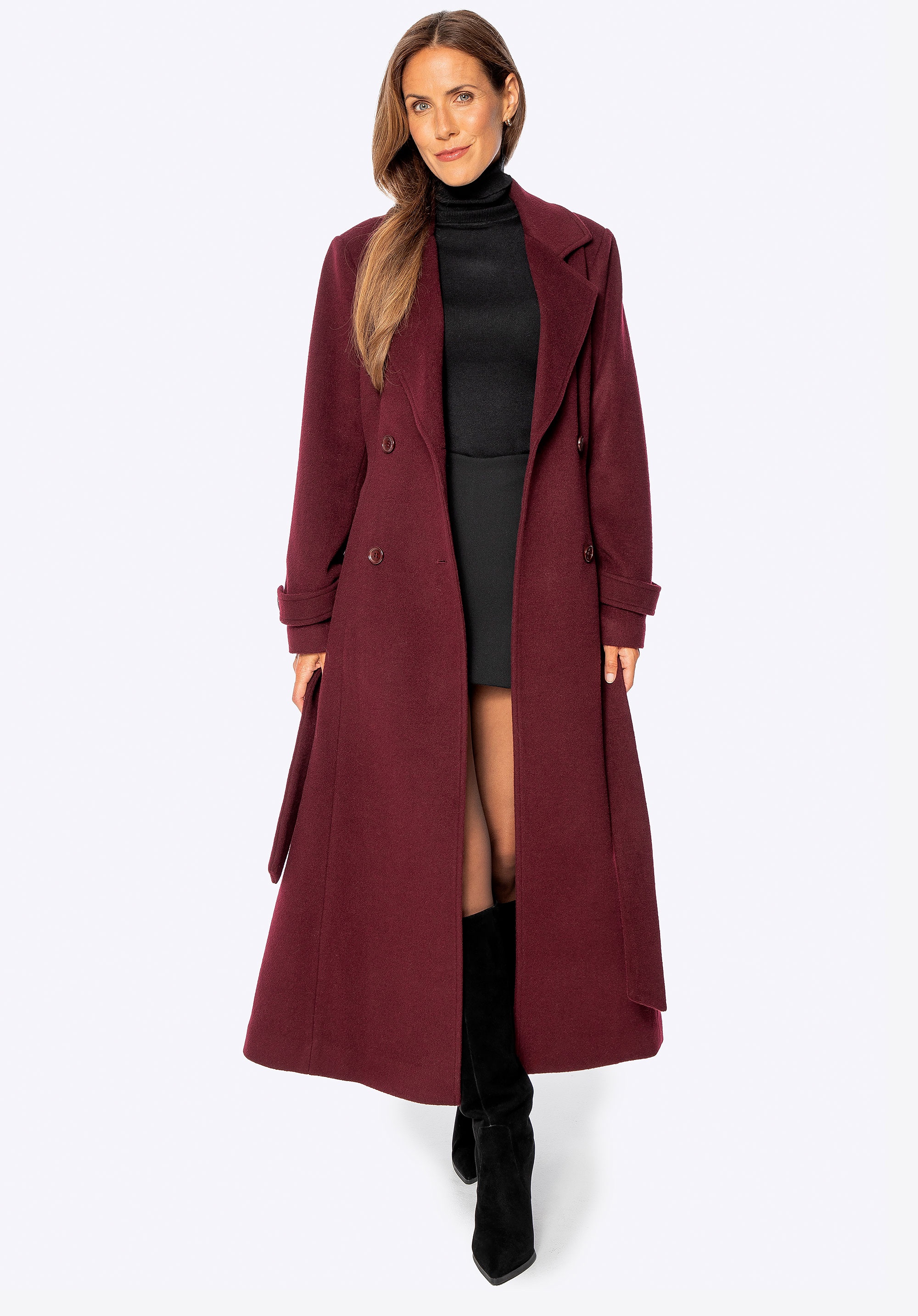 Damski płaszcz wełniany z domieszką kaszmiru bordowy