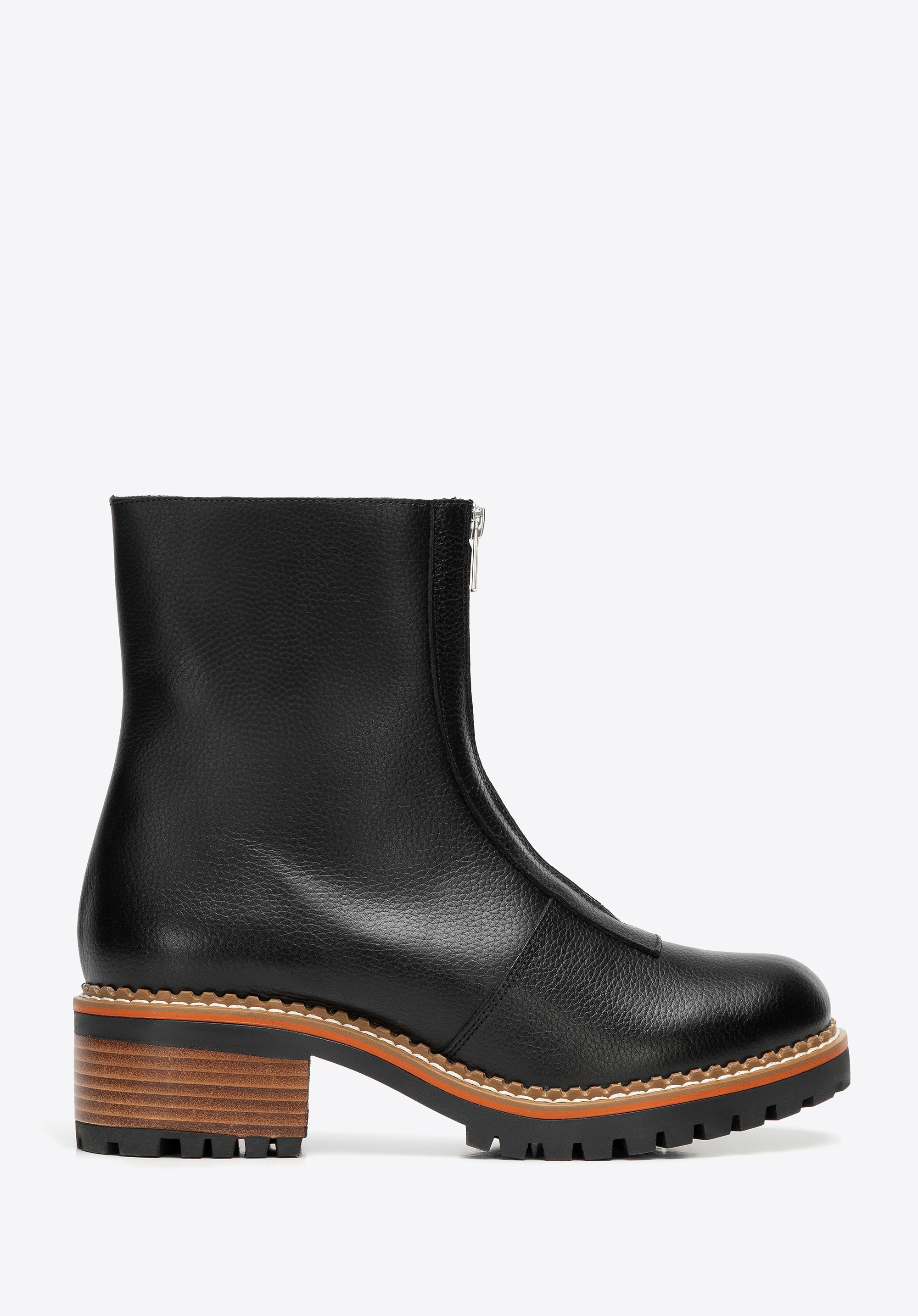 Damskie botki ze skóry naturalnej z suwakiem na przodzie czarne