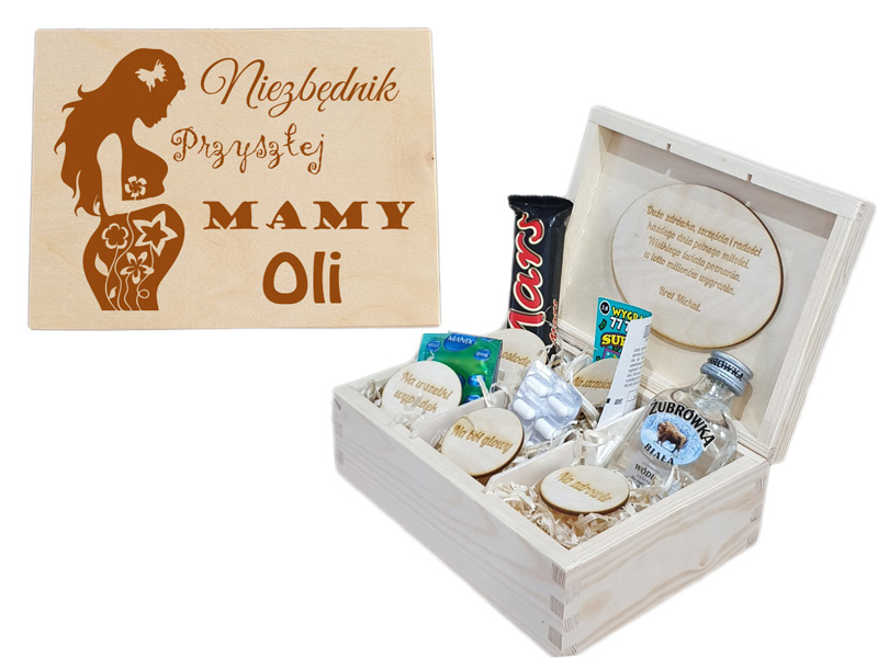 Drewniane pudełko, niezbędnik, prezent przyszłej mamy. (BABY SHOWER)