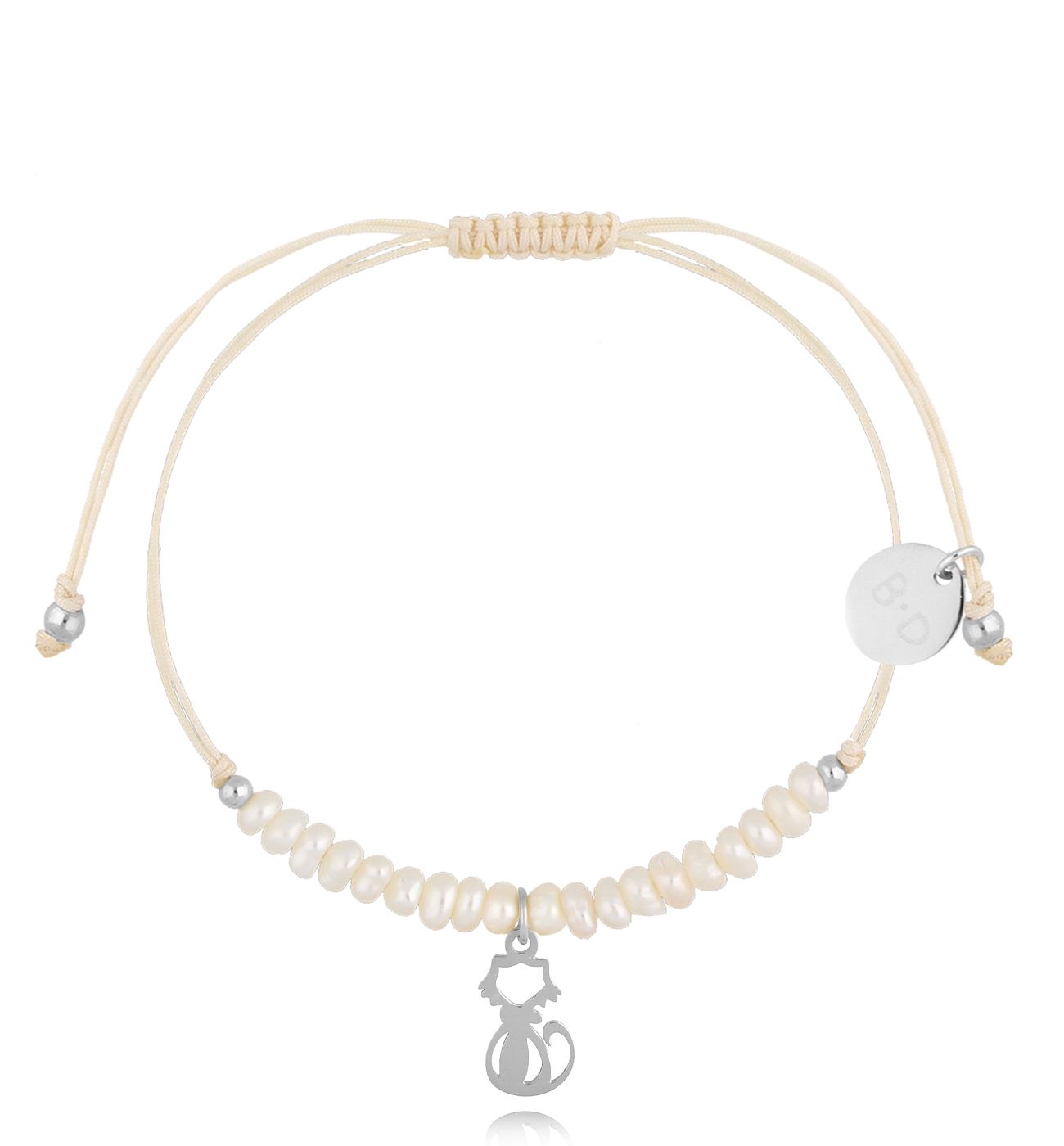Bransoletka z perełkami i srebrnym kotkiem Feliz BMT0088 - By Dziubeka