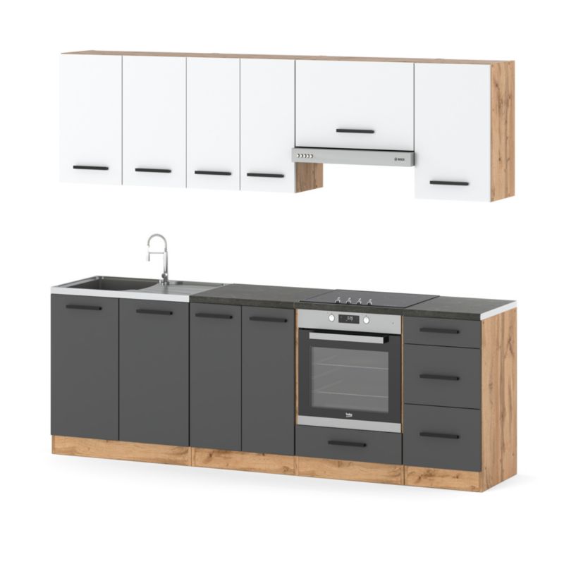 Zestaw Kuchenny Hurtownia-Mebli Z Blatem Kuchnia Mokka Plus 240cm Dąb Wotan Biały Mat/Szary Mat 240x47x145 cm 1szt.