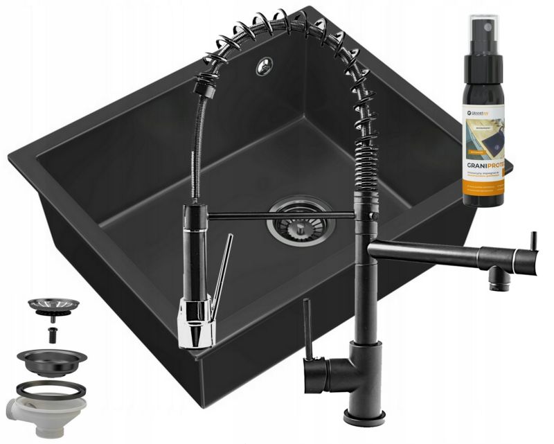 Zlewozmywak granitowy podblatowy Granitan Salix Czarny Bateria Spiral Czarna Syfon Czarny 1 kpt.