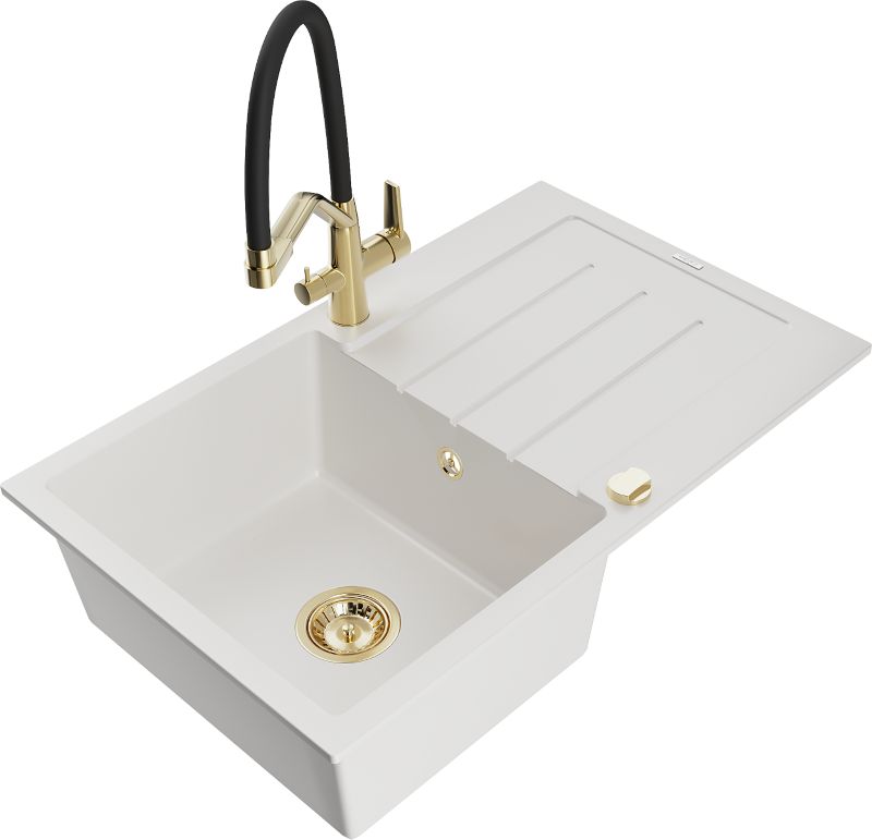 Zlewozmywak granitowy Mexen Bruno 1-komorowy z ociekaczem i baterią kuchenną Duo biały 6513-20-671701-57-G