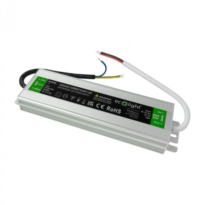Zasilacz transformator do LED Ecolight moc 120W output 12V DC stałoprądowy IP67 - 1 szt