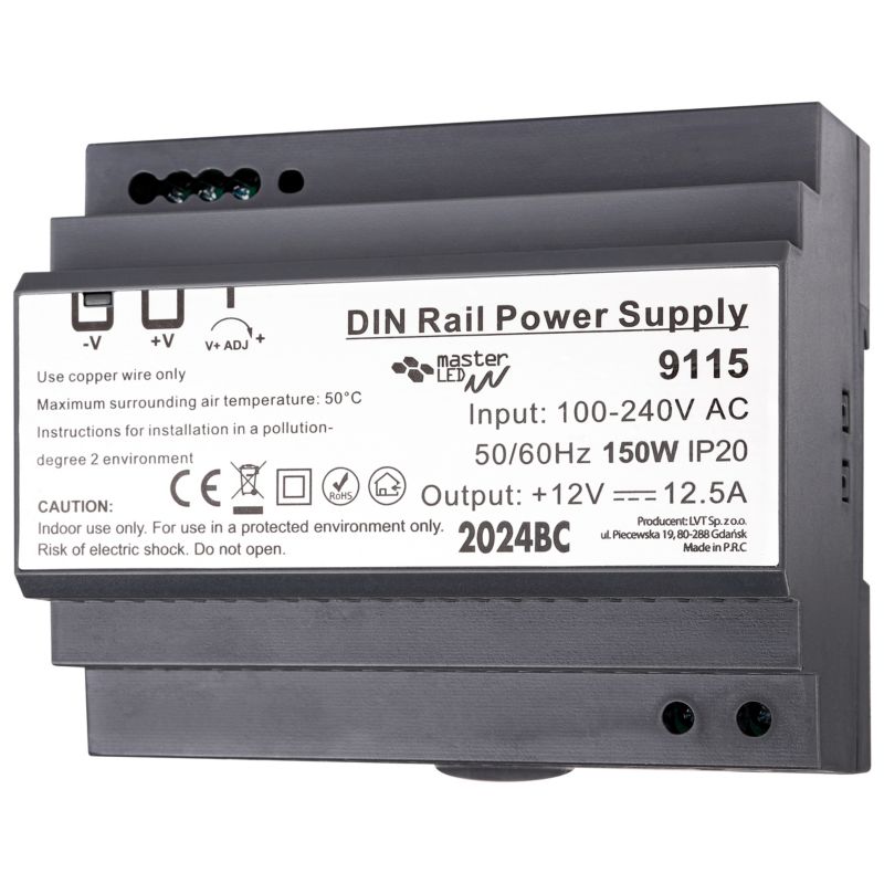 Zasilacz LED MasterLED na szynę DIN 12V 150W 12.5A IP20 105x58.5x92.5 mm 1 szt.