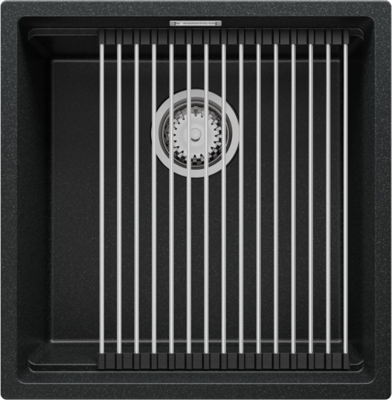 Zlewozmywak Praga Slim PRIMAGRAN Nablatowy 46x47cm do szafki od 50cm, Grafitowy + Syfon + Zwijany ociekacz, S195, 1 szt.