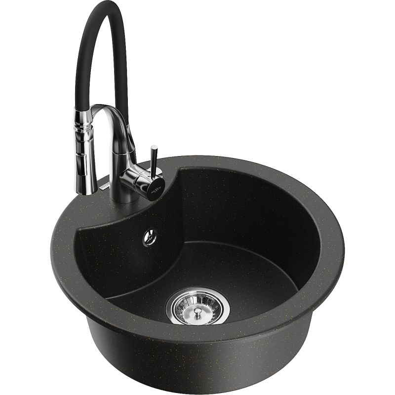 Zlewozmywak granitowy 1-komorowy Mexen Diego z baterią kuchenną Aster czarny/złoty metalik 6512-75-73450-70